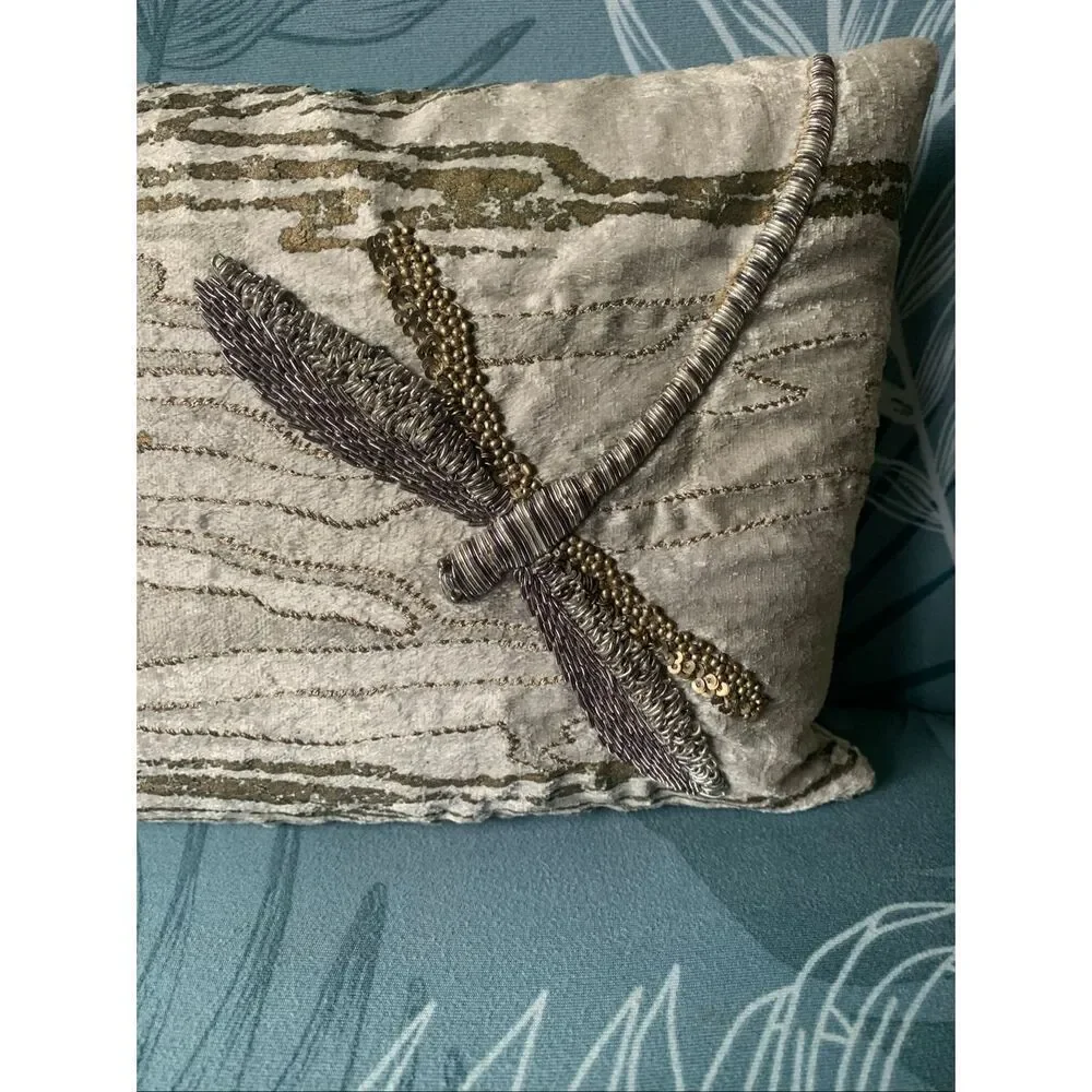 MICHAEL ARAM gray BEADED artsy DRAGON FLY 8” x 10” DECORATIVE PILLOW
